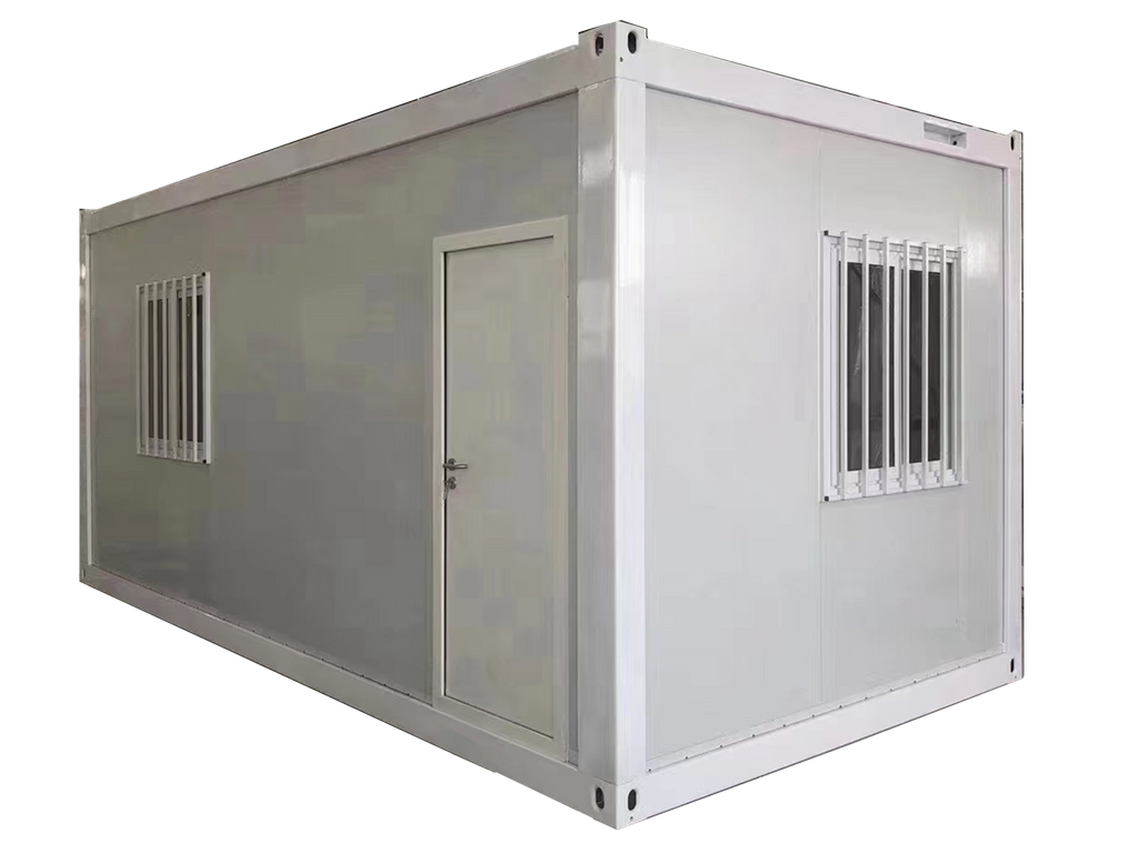 Flat pack Modular building container with door and windows on a white background