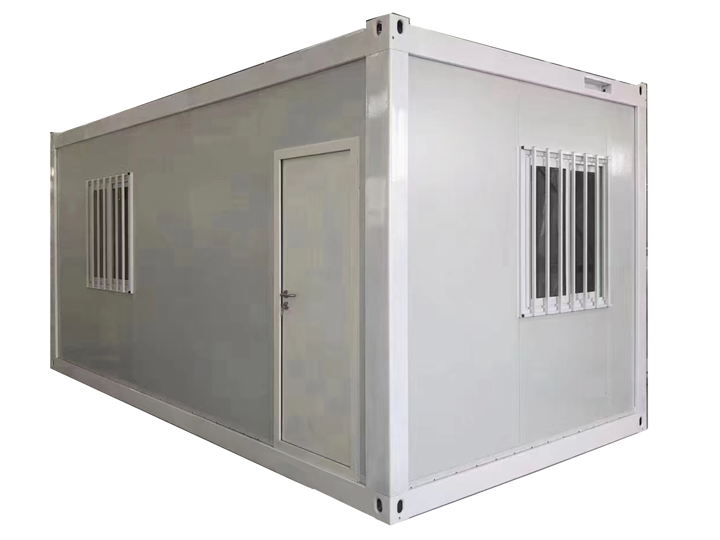 Flat pack Modular building container with door and windows on a white background