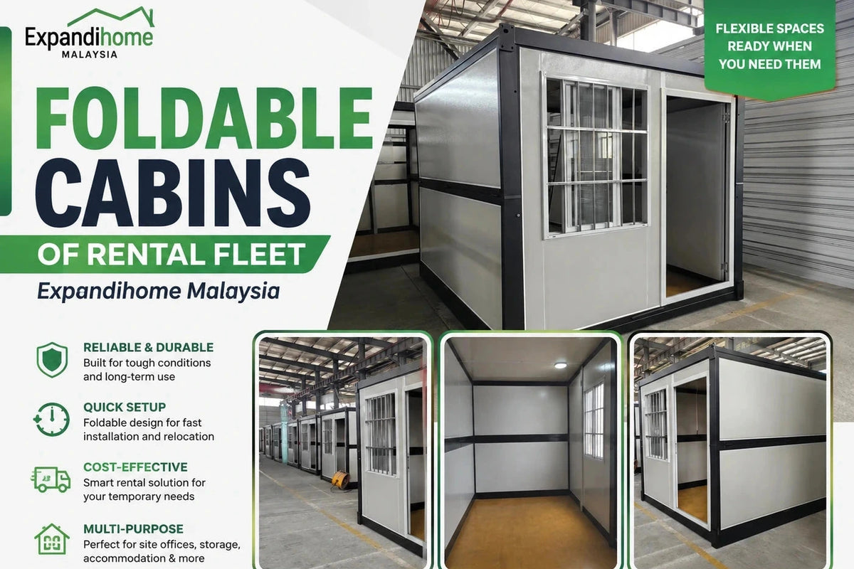 Promotional graphic for Expandihome foldable cabins of rental fleet, showing a large white and gray modular cabin in a warehouse setting, with three smaller inset photos of interior views and feature callouts on a green, white, and dark gray background.