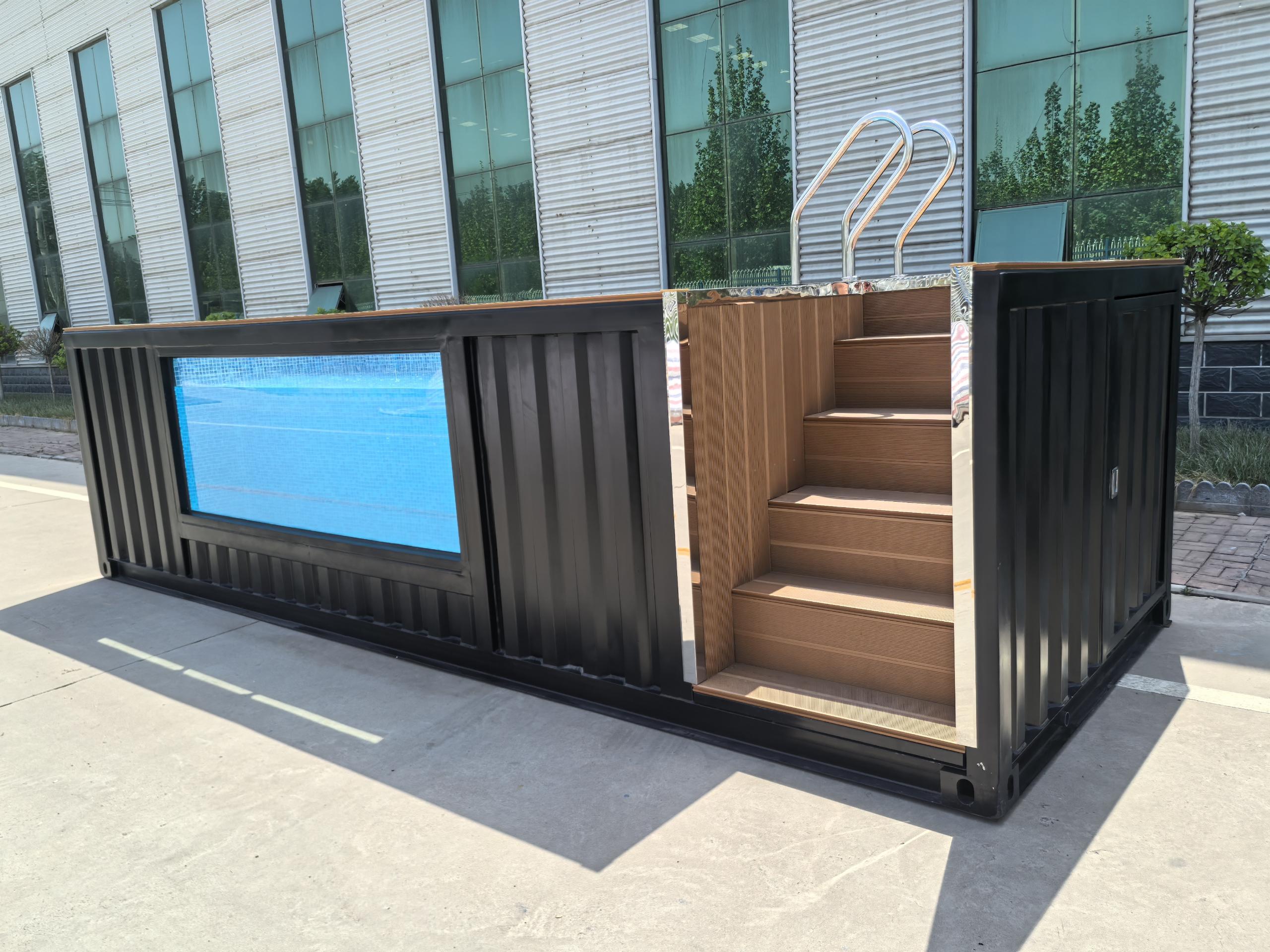 Container with wooden steps leading up to a modern building entrance