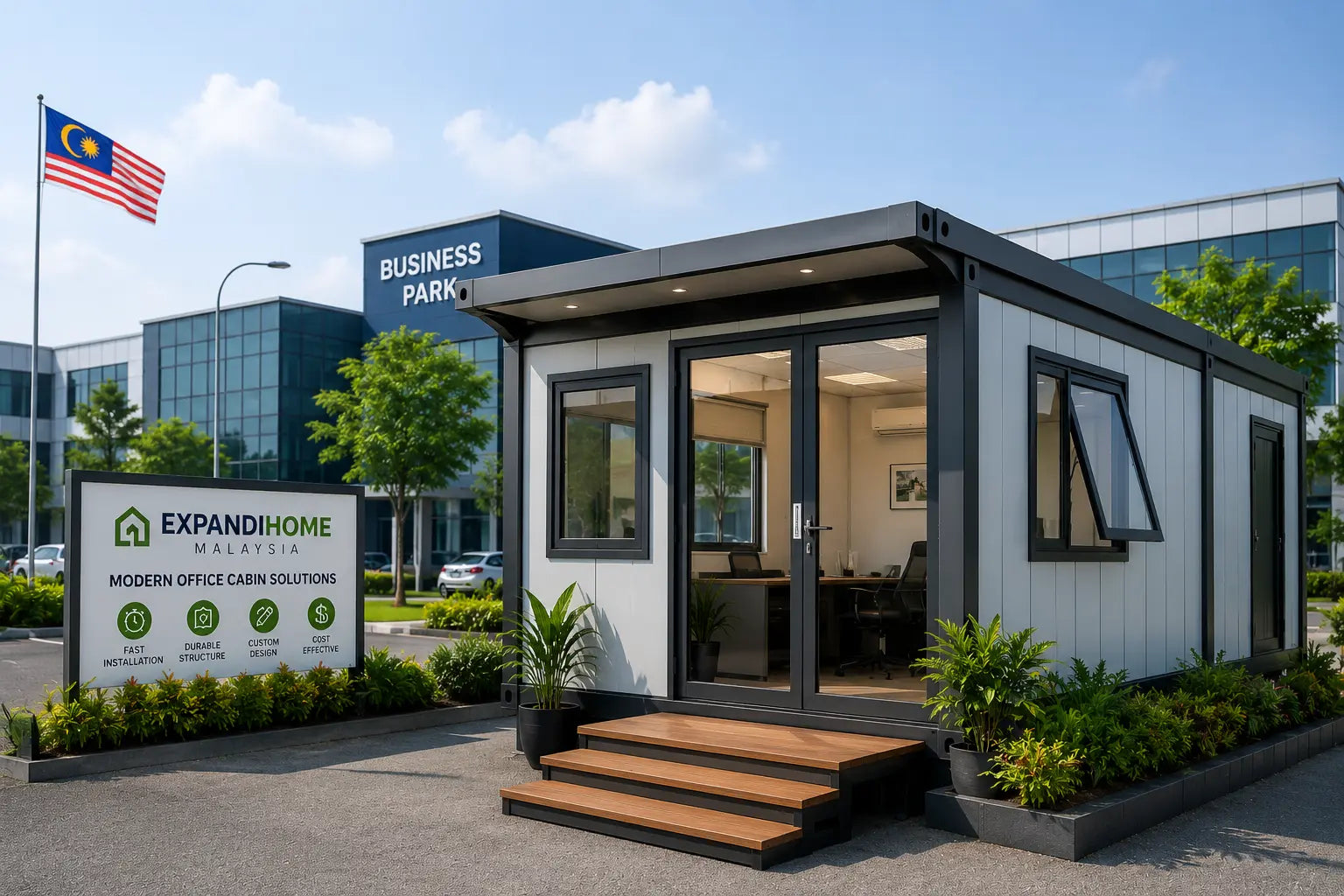 A modern modular office cabin with white siding, dark gray trim, and a small wooden step entrance, shown outdoors in front of a glass office building. A sign reads EXPANDIHOME MALAYSIA, and a Malaysian flag is visible on a pole to the left.