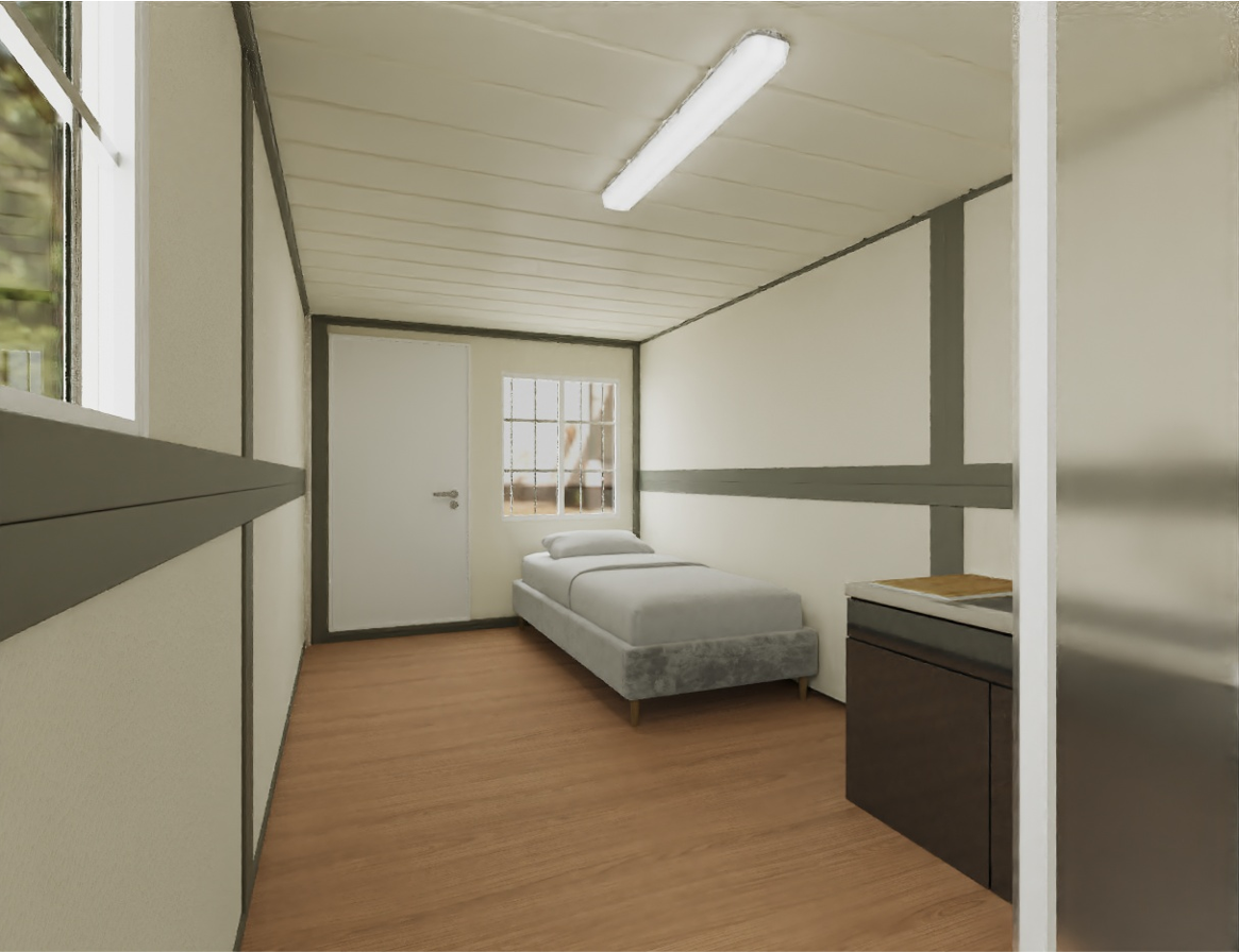 Minimalist bedroom with a bed, desk, and window.