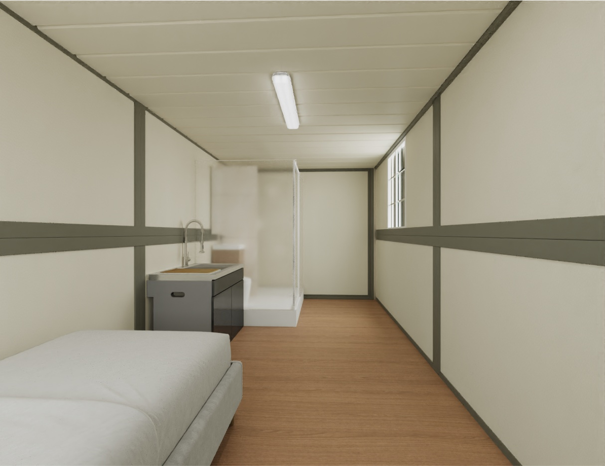 Small room with a bed, sink, and window.