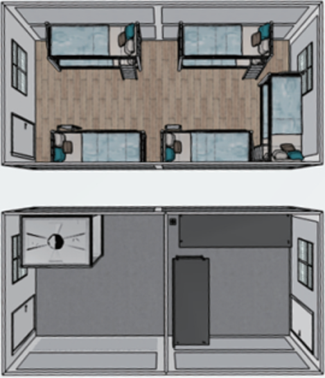 Top-down view of an office layout with desks and partitions.